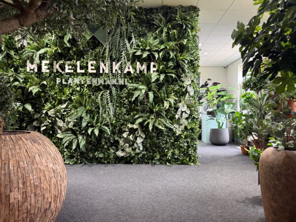 Groene wand met bedrijfslogo bij een kantoorentree
